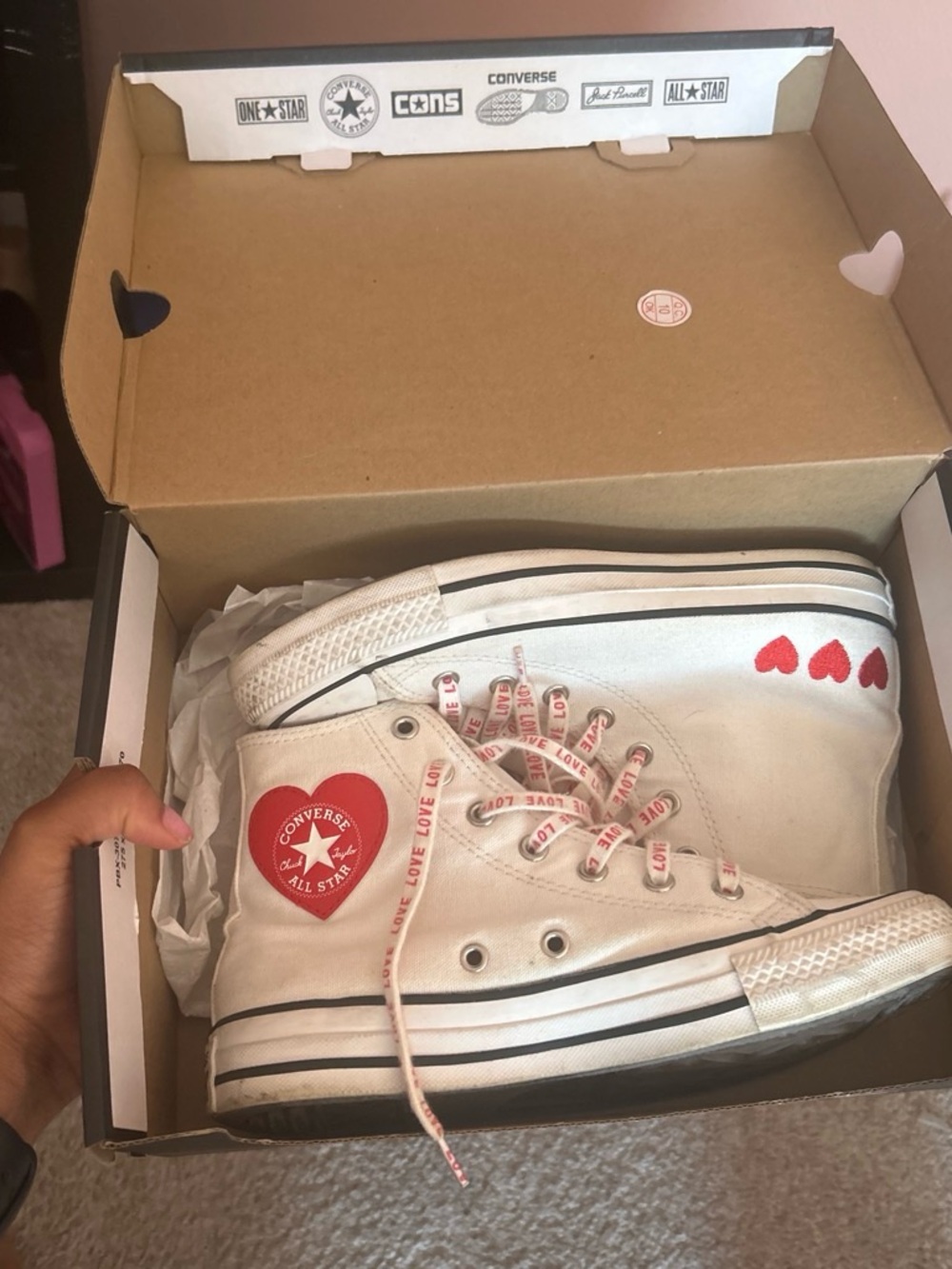 Converse White High-Top Sneakers with Red Heart Accents